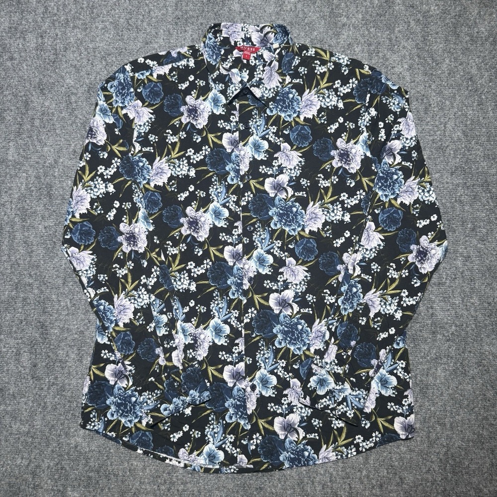 Guess Floral Cotton Blend Long Sleeve Button-Up Shirt Men Large Lightweight
